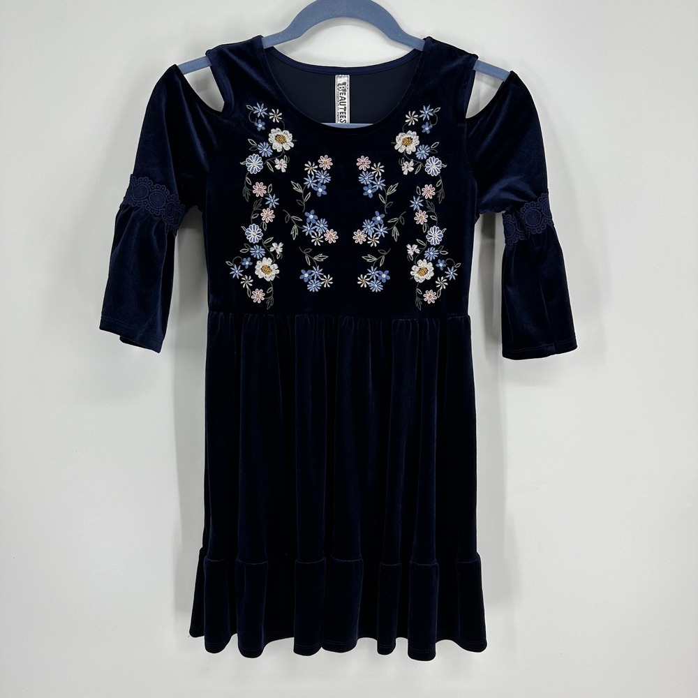 Beautees Navy Blue Floral Embroidered Dress